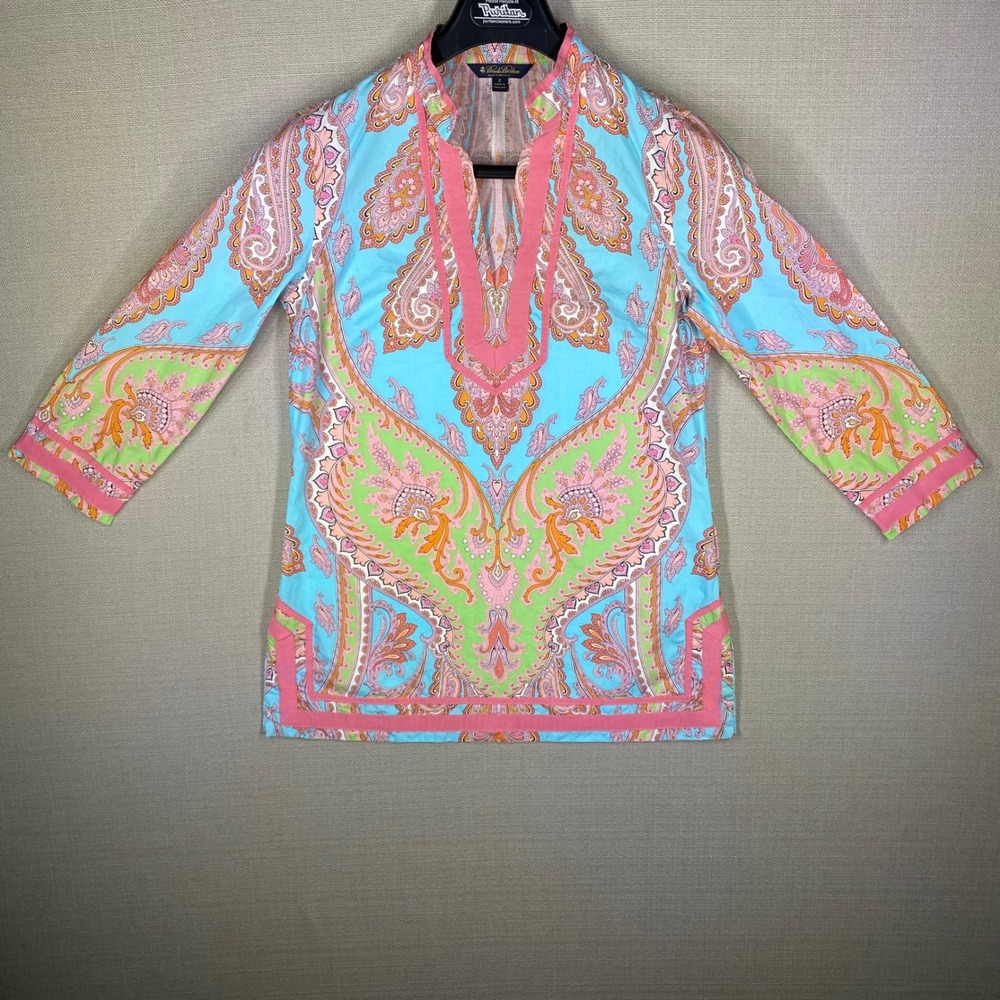 Brooks Brothers Womens V-Neck Tunic Top Paisley Italian Woven Size 2